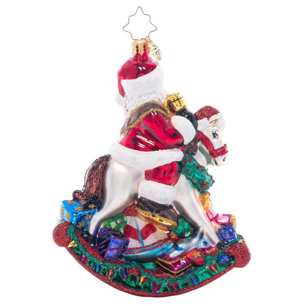 Back - Ornament Description - Rockin' Christmas Santa: Santa sure is rockin' right onto the Christmas tree with this charming toy horse. After all, he has to test the toys before gifting them to the good little girls and boys!