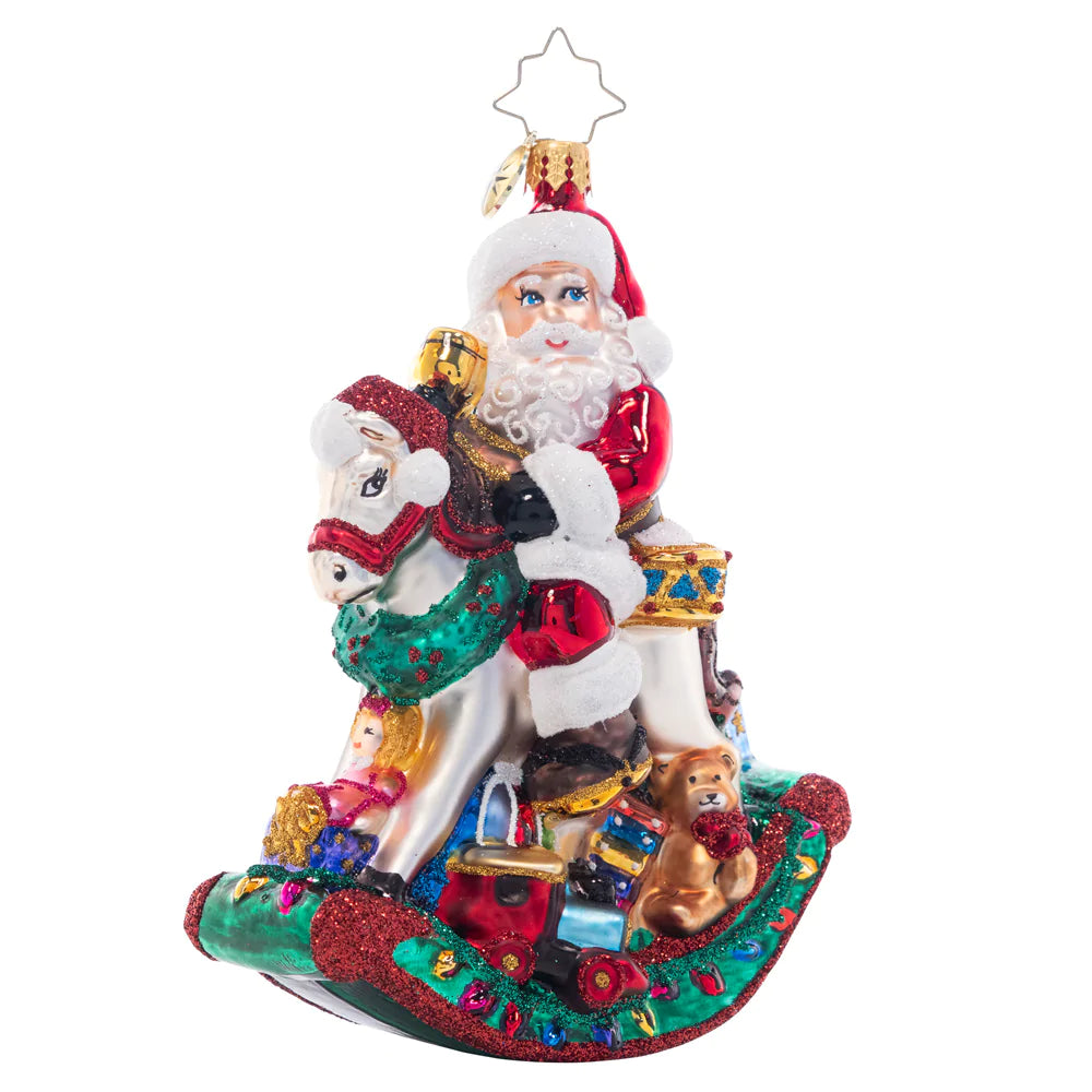 Front - Ornament Description - Rockin' Christmas Santa: Santa sure is rockin' right onto the Christmas tree with this charming toy horse. After all, he has to test the toys before gifting them to the good little girls and boys!