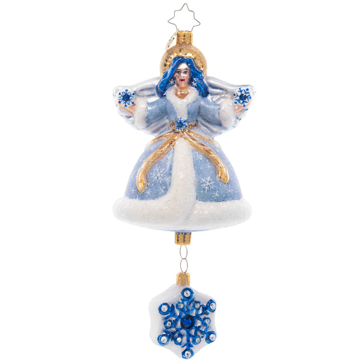 Front - Ornament Description - Sapphire Snow Angel: This stunning snow angel is dressed in an icy, shimmering saphhire robe. She shines as a bright beacon of hope through the cold winter night.