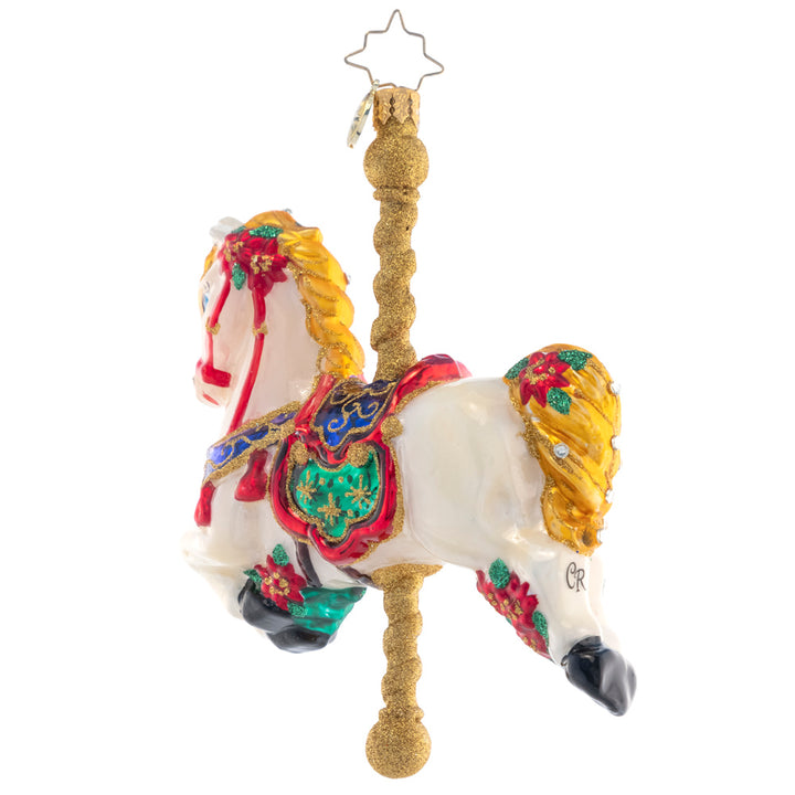 Back - Ornament Description - Carousel Ride: Ornately painted with red roses, this beautiful carousel horse evokes joyful childhood memories of merry-go-rides.