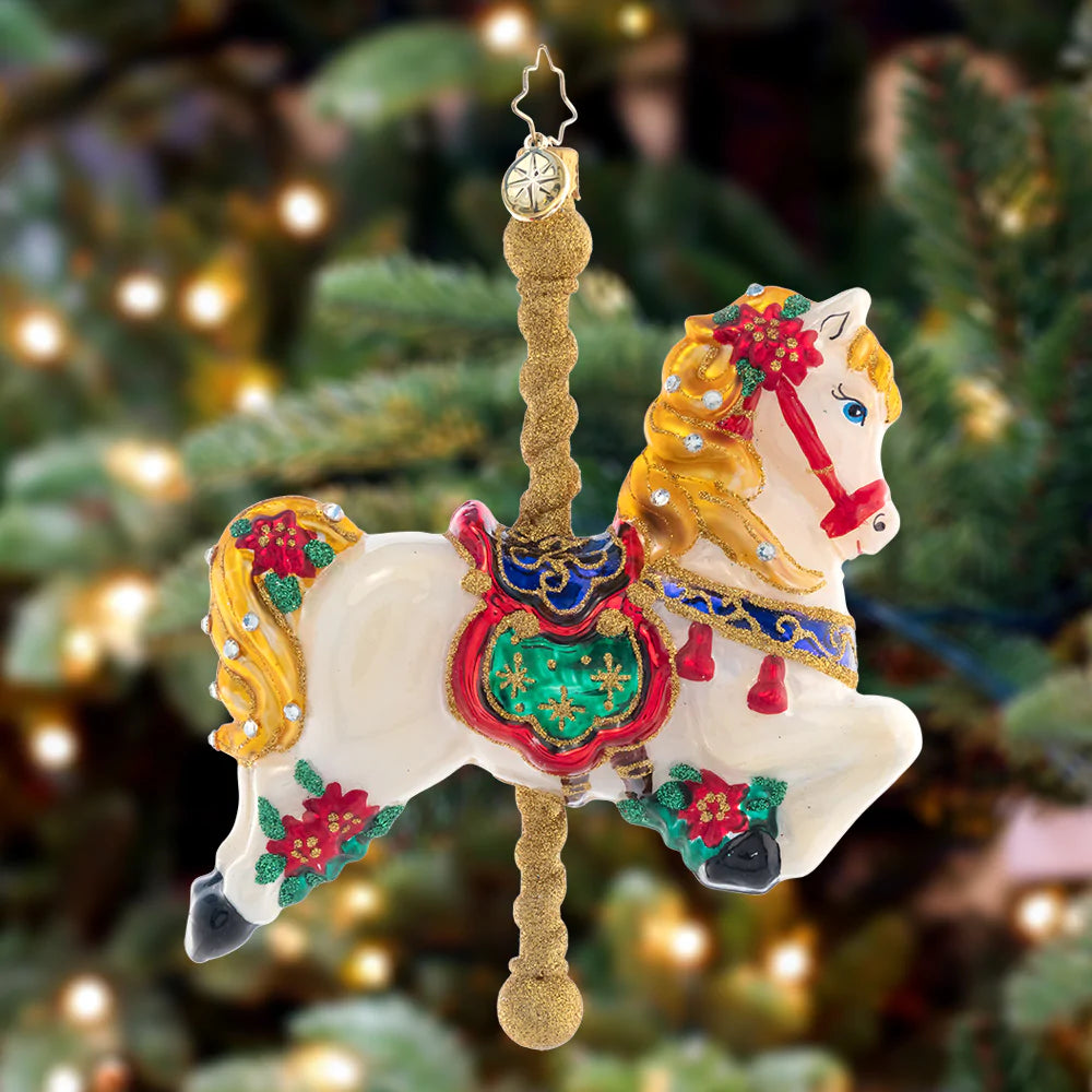 Ornament Description - Carousel Ride: Ornately painted with red roses, this beautiful carousel horse evokes joyful childhood memories of merry-go-rides.