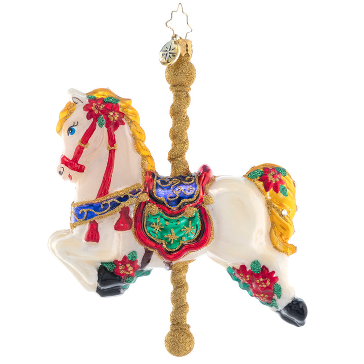 Side View - Ornament Description - Carousel Ride: Ornately painted with red roses, this beautiful carousel horse evokes joyful childhood memories of merry-go-rides.