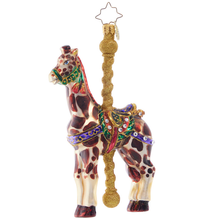 Side View - Ornament Description - Gilded Giraffe: How's the weather up there? This gloriously gilded giraffe stands tall and proud, the standout star of the carousel ride.