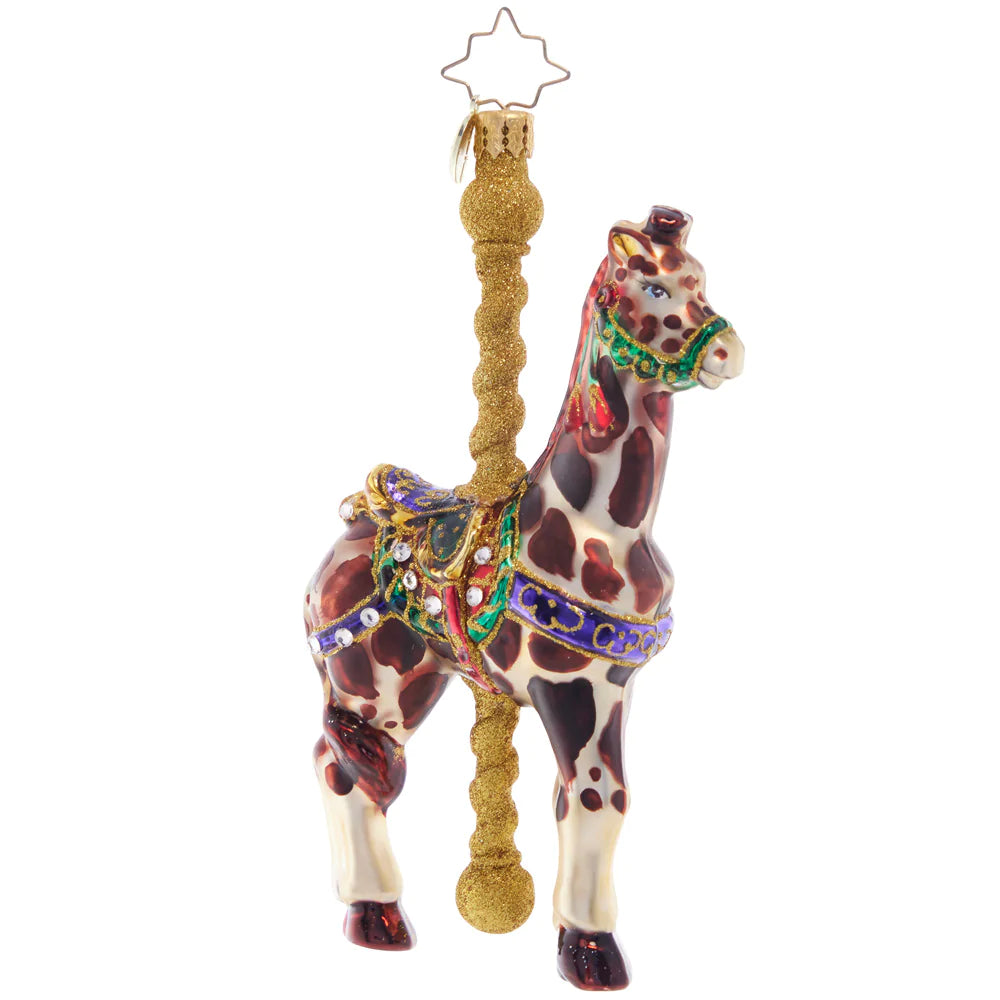 Front View - Ornament Description - Gilded Giraffe: How's the weather up there? This gloriously gilded giraffe stands tall and proud, the standout star of the carousel ride.