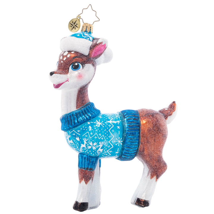 Side View - Ornament Description - Bundle Up Baby Deer: Fawn over the newest little one in your life with this adorable ornament, featuring a sweet baby deer wearing a cozy blue sweater and Santa hat.