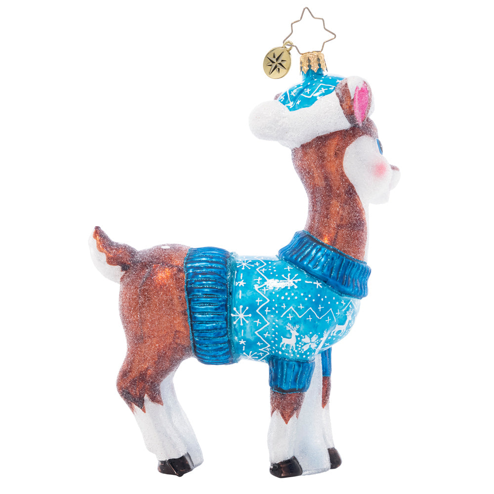 Back - Ornament Description - Bundle Up Baby Deer: Fawn over the newest little one in your life with this adorable ornament, featuring a sweet baby deer wearing a cozy blue sweater and Santa hat.