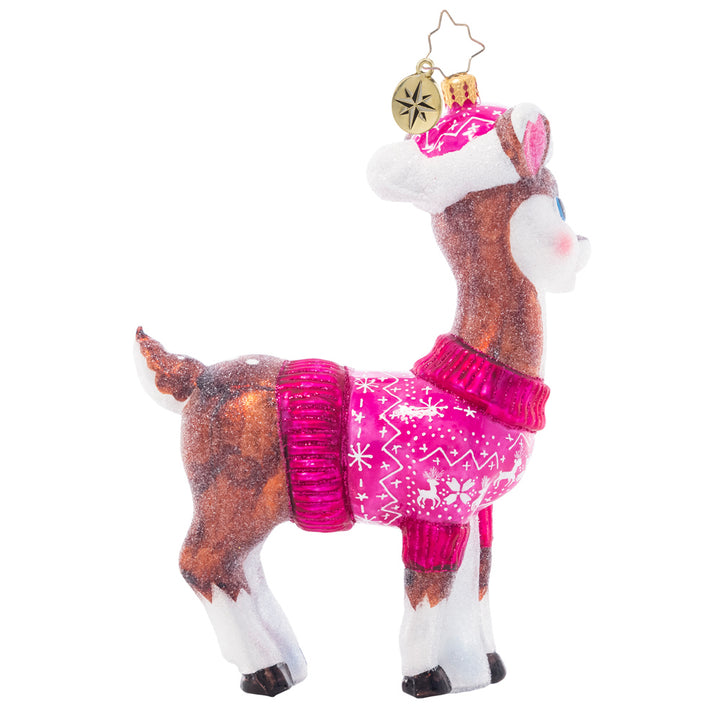 Side View 2 of 2 - Ornament Description - Cozy Up Baby Deer: Fawn over your new arrival with this darling ornament, featuring a darling baby deer in a cozy pink sweater and Santa hat.
