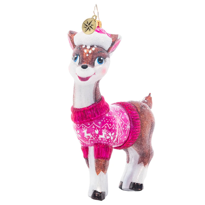Full Front View - Ornament Description - Cozy Up Baby Deer: Fawn over your new arrival with this darling ornament, featuring a darling baby deer in a cozy pink sweater and Santa hat.