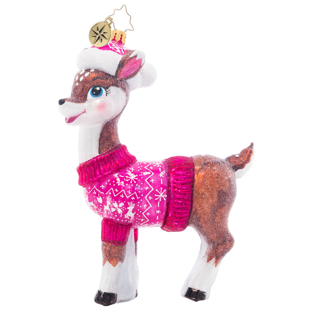Size View 1 of 2 - Ornament Description - Cozy Up Baby Deer: Fawn over your new arrival with this darling ornament, featuring a darling baby deer in a cozy pink sweater and Santa hat.