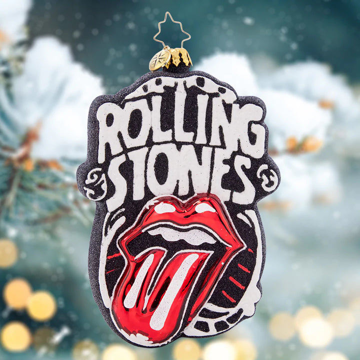 Ornament Description - Rockin' Around the Xmas Tree: The British Invasion continues this holiday season with your very own Rolling Stones ornament, complete with a Union Jack on the back! Put a little Rock 'n Roll into your tree and spice up the Christmas party!