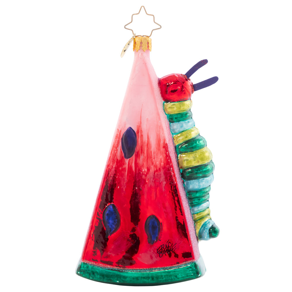 Back - Ornament Description - Caterpillar Cravings: The Very Hungry Caterpillar is no different than us… It's impossible to resist the temptation of a juicy watermelon. Eric Carle's beloved character climbs his meal in persistent search for more goodies in this shimmery ornament.