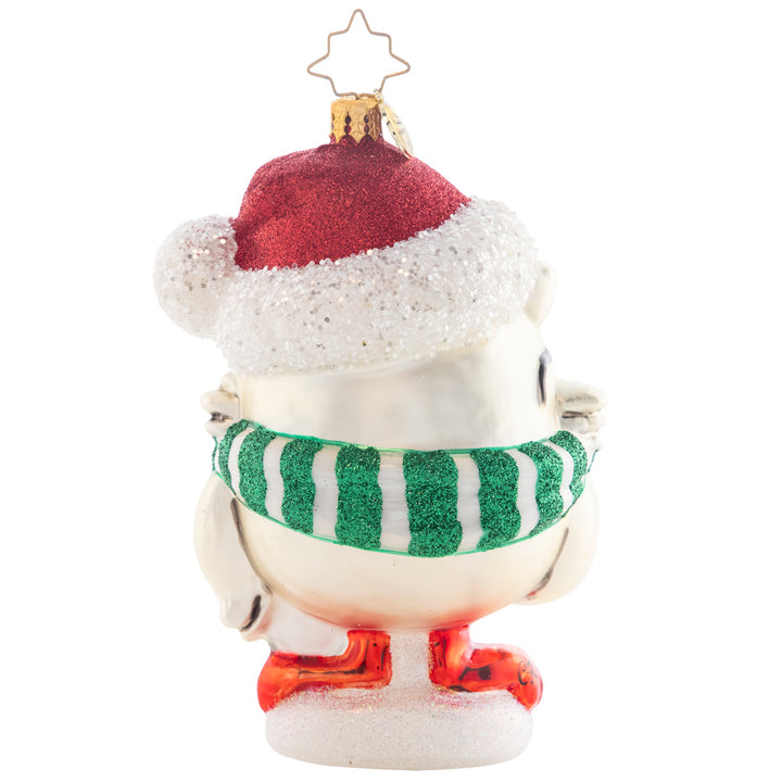 Back - Ornament Description - Tootsie Pops® Mr. Owl® Christmas Ornament: How many licks does it take to get to the Tootsie® Roll center of a Tootsie Pop®? Even during the winter, the Tootsie Pop® mascot, Mr. Owl, tries to get to the answer of this age-old question while trying to stay warm – captured in this fun holiday ornament.