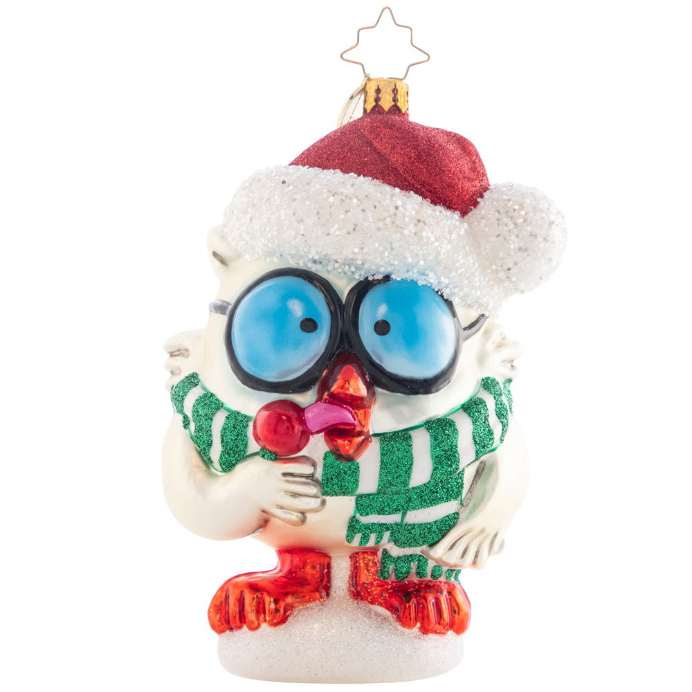 Front - Ornament Description - Tootsie Pops® Mr. Owl® Christmas Ornament: How many licks does it take to get to the Tootsie® Roll center of a Tootsie Pop®? Even during the winter, the Tootsie Pop® mascot, Mr. Owl, tries to get to the answer of this age-old question while trying to stay warm – captured in this fun holiday ornament.