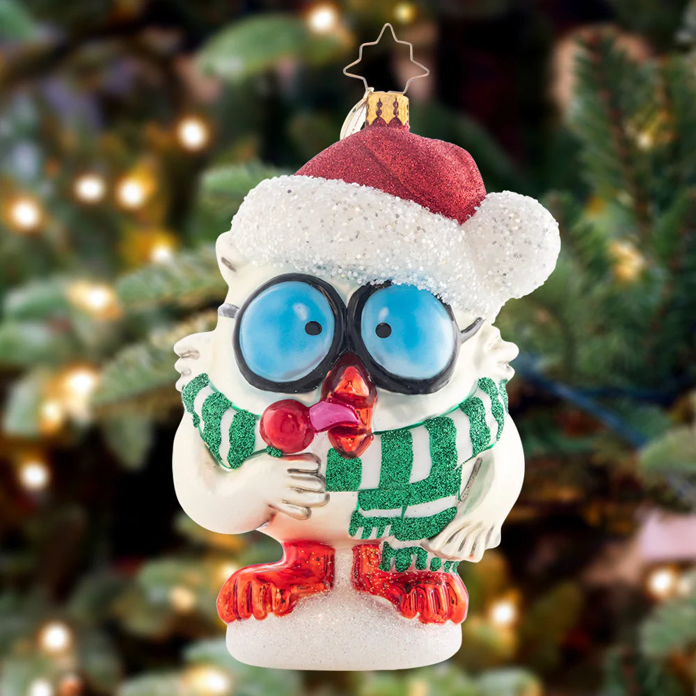 Ornament Description - Tootsie Pops® Mr. Owl® Christmas Ornament: How many licks does it take to get to the Tootsie® Roll center of a Tootsie Pop®? Even during the winter, the Tootsie Pop® mascot, Mr. Owl, tries to get to the answer of this age-old question while trying to stay warm – captured in this fun holiday ornament.