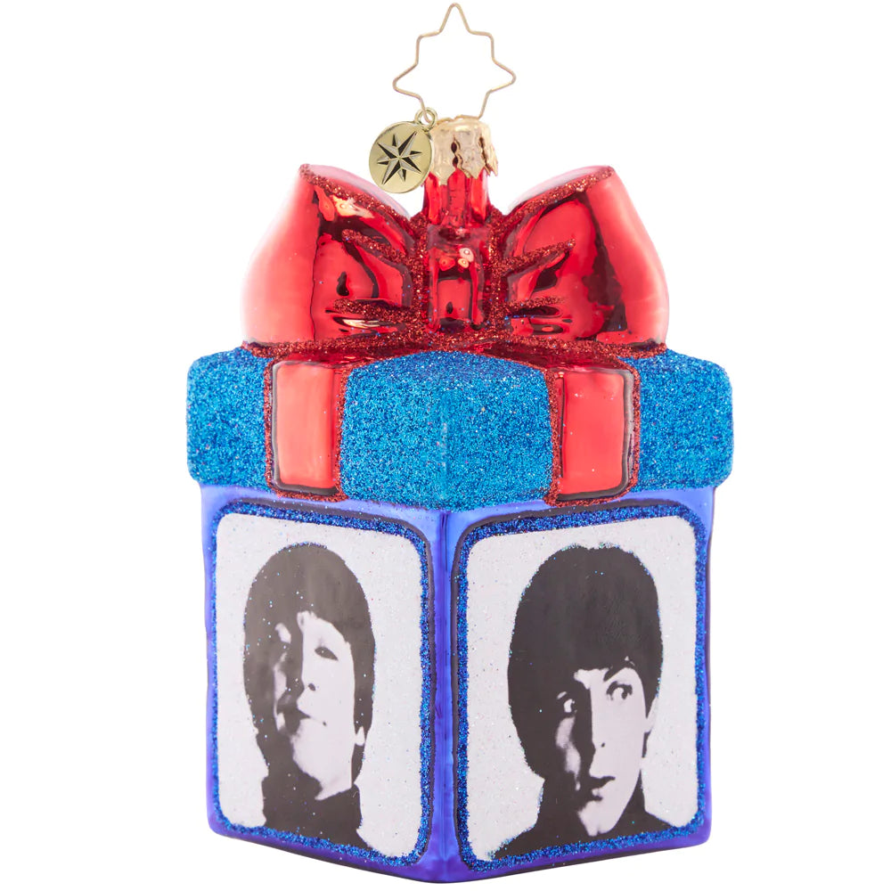 Front - Ornament Description - Gather 'Round for Gifting: George, Ringo, John, or Paul? You don't have to choose- the gang's all here to ring in the holidays with you! What surprise gift could they have brought you? Whatever it is, the best gift of all is the iconic music of the Beatles.