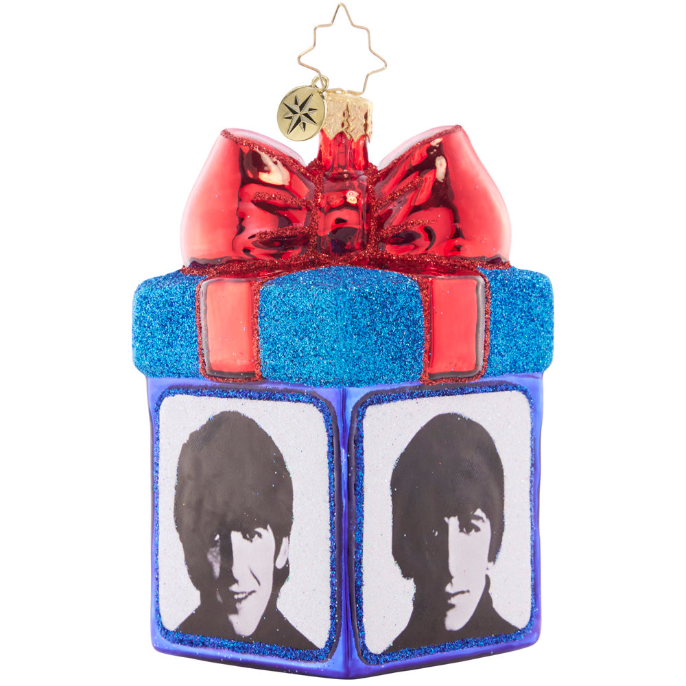 Back - Ornament Description - Gather 'Round for Gifting: George, Ringo, John, or Paul? You don't have to choose- the gang's all here to ring in the holidays with you! What surprise gift could they have brought you? Whatever it is, the best gift of all is the iconic music of the Beatles.
