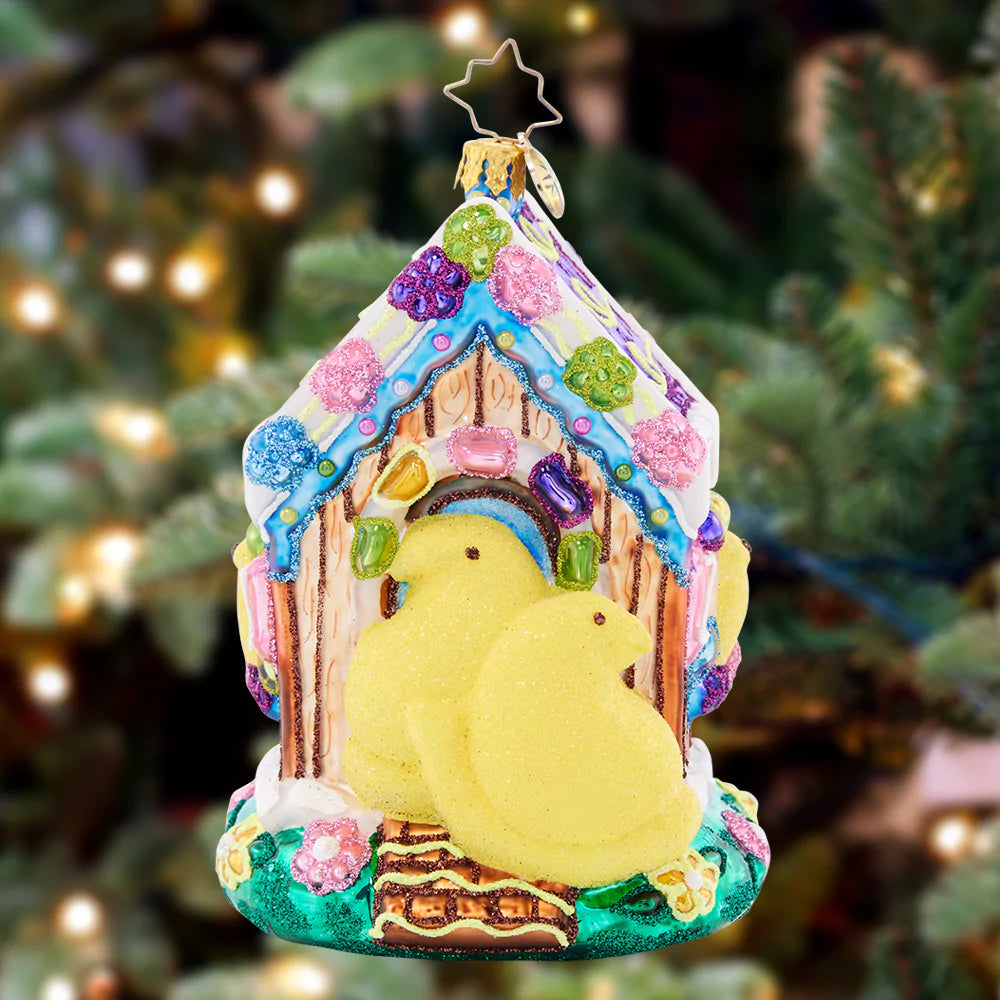 Ornament Description - PEEPS® Have Sprung: Just hatched! Spring has sprung, and that means time for sweet PEEPS®! These iconic yellow marshmallow chicks are surrounded by a brightly colored cookie-Coop. Bring this treat into your home this holiday season!