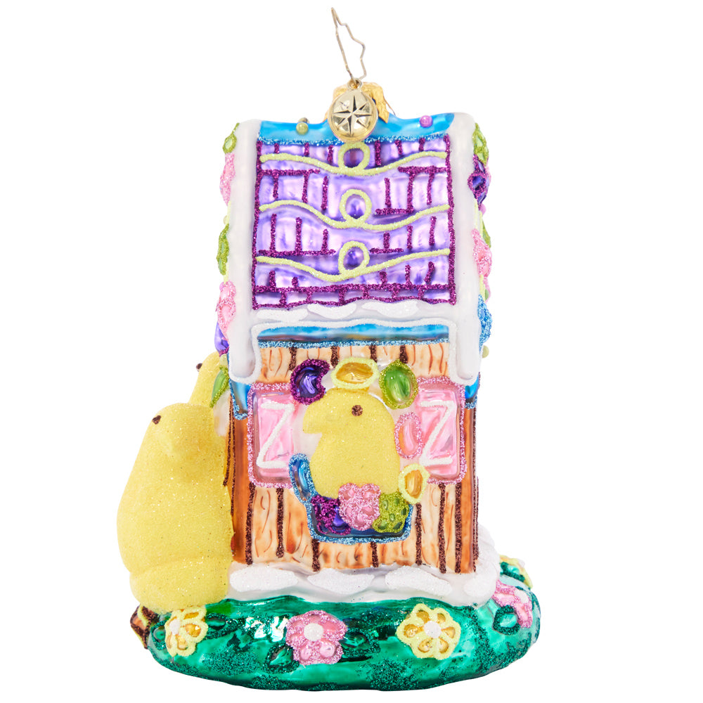 Side View - Ornament Description - PEEPS® Have Sprung: Just hatched! Spring has sprung, and that means time for sweet PEEPS®! These iconic yellow marshmallow chicks are surrounded by a brightly colored cookie-Coop. Bring this treat into your home this holiday season!