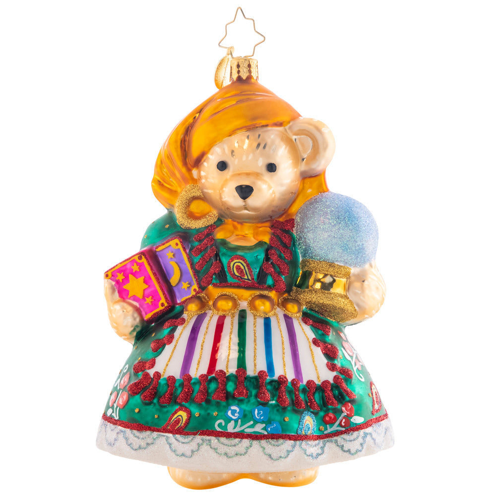 Front - Ornament Description - Muffy's Fortune: Would you allow Muffy to read your future? That's the question with our beautiful Muffy ornament bedecked in all her most glamourous Fortune-teller Fashion. With all the detail of her gorgeous gown, apron, headwrap, and ear hoops, the New Year looks bright and promising!