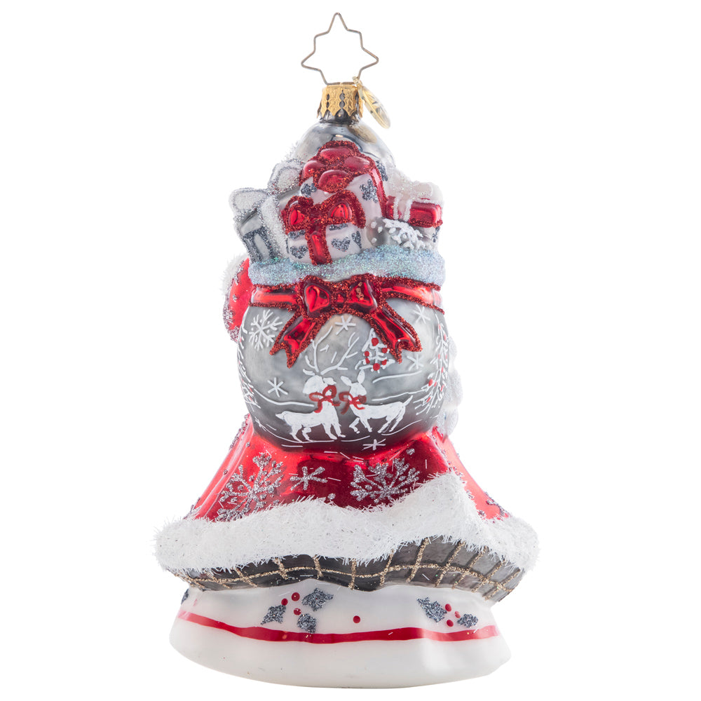 Back - Ornament Description - Winter Splendor Santa: Santa's stunning red coat is accented with silver splendor, glittered with holly and sparkling snowflakes. This is a truly magnificent piece to display on your tree.