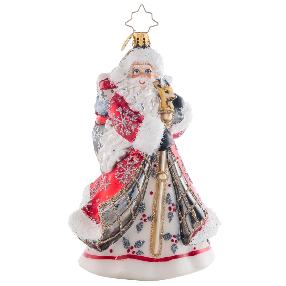 Front - Ornament Description - Winter Splendor Santa: Santa's stunning red coat is accented with silver splendor, glittered with holly and sparkling snowflakes. This is a truly magnificent piece to display on your tree.