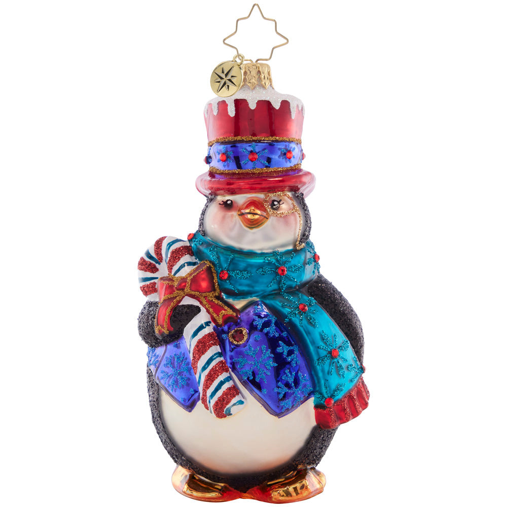 Front - Ornament Description - Dapper Penguin: This wonderful winter waddler is certainly dressed for the weather, ready to go in his cozy scarf and top hat!