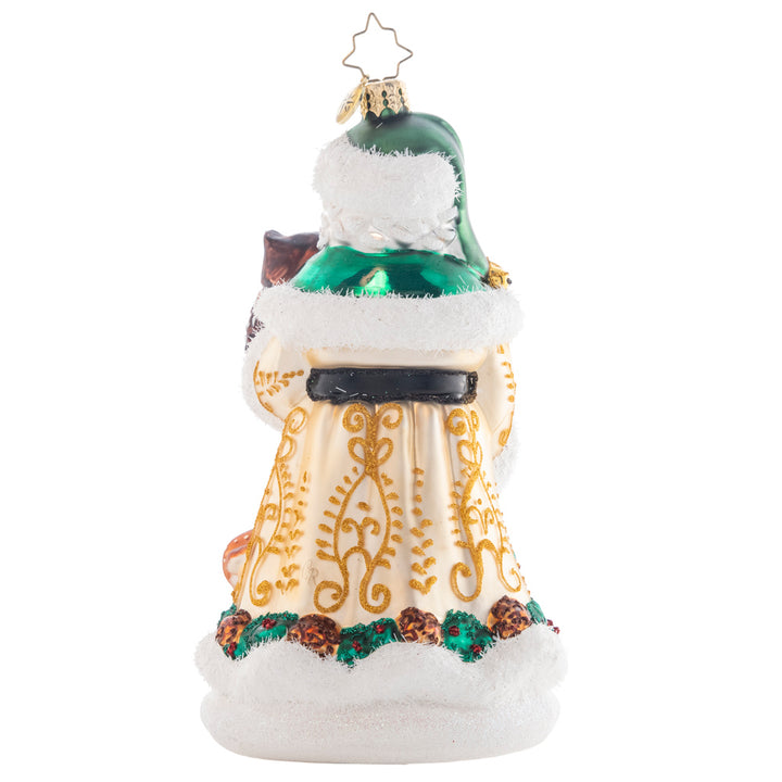 Back - Ornament Description - Woodland Friends Santa: Swathed in evergreen robes, Santa is surrounded by his many adorable woodland friends. He loves to stroll through the snowy forest to appreciate the winter season.