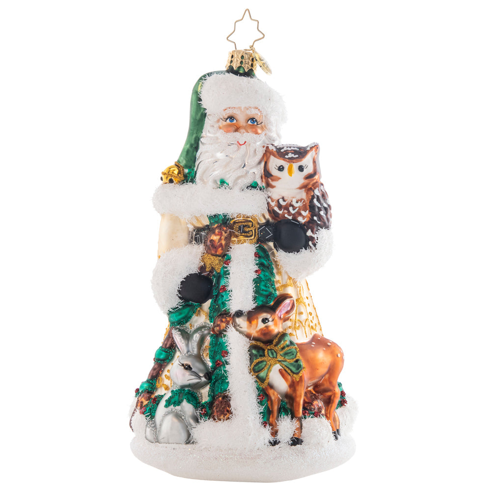 Front - Ornament Description - Woodland Friends Santa: Swathed in evergreen robes, Santa is surrounded by his many adorable woodland friends. He loves to stroll through the snowy forest to appreciate the winter season.