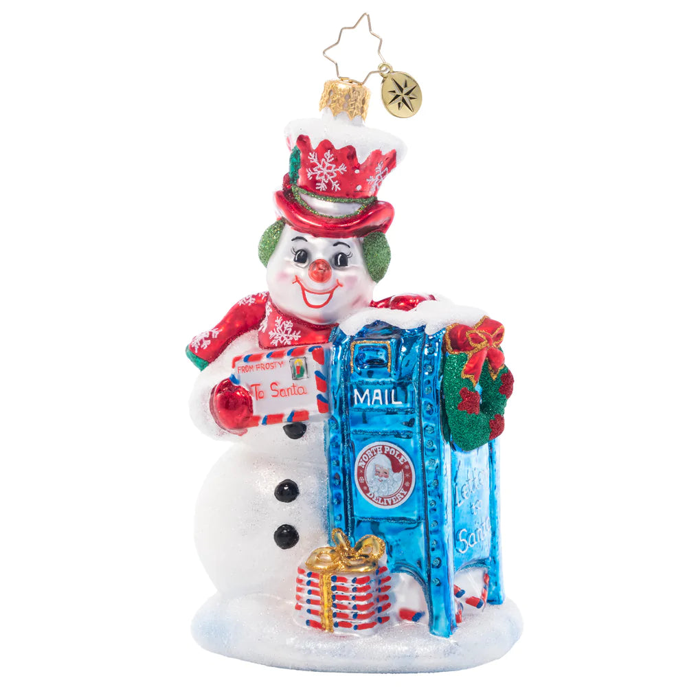 Front - Ornament Description - Frosty Letter Delivery: Even on a frosty day, he'll brave the cold to send a letter on its way. A child's wish list must make it north, so that presents will be be brought forth!