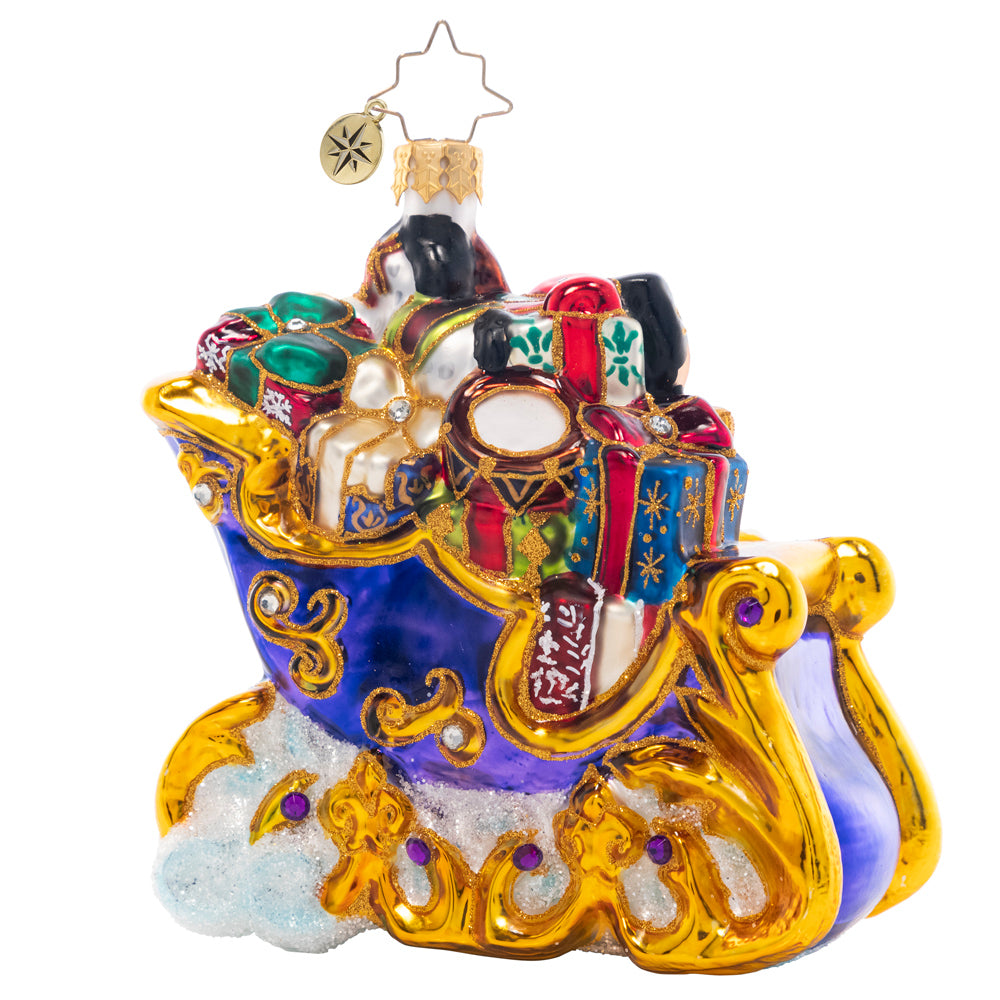 Back - Ornament Description - Sleighful of Gifts: This stocked-up sleigh looks like it's floating atop fluffy cloud – on its way to spread joy to all the good little girls and boys this Christmas, no doubt!