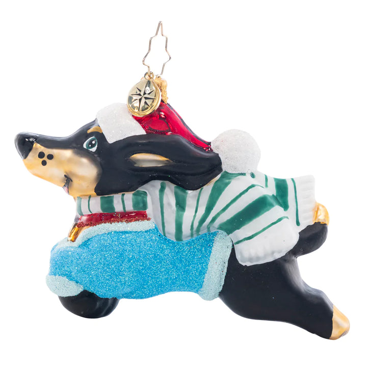 Side view 2 of 2 - Ornament Description - Santa Paws: Dog gone! This prancing pooch is looking cheerful as ever in a Christmas sweater and Santa hat.