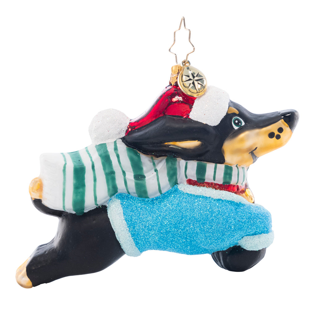 Side View 1 of 2 - Ornament Description - Santa Paws: Dog gone! This prancing pooch is looking cheerful as ever in a Christmas sweater and Santa hat.