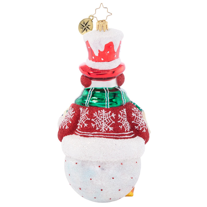 Back - Ornament Description - Christmas Joy Snowman: With rosy snow-cheeks aglow with Christmas cheer, this top-hat snowman is sweeping and grinning ear-to-ear!