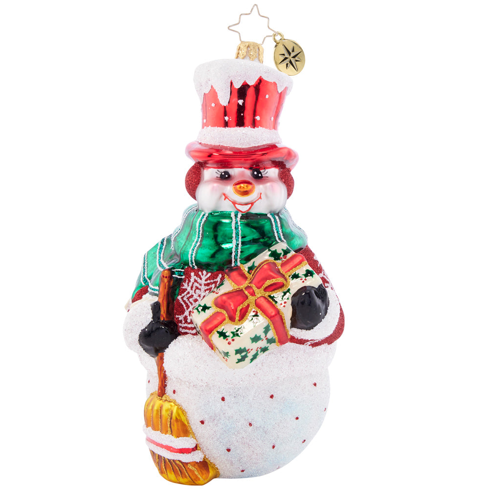 Front - Ornament Description - Christmas Joy Snowman: With rosy snow-cheeks aglow with Christmas cheer, this top-hat snowman is sweeping and grinning ear-to-ear!