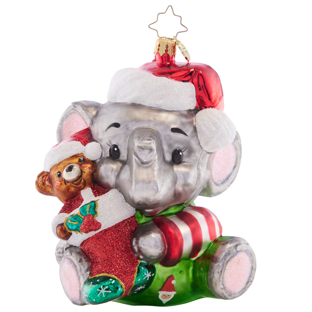 Front - Ornament Description - Ellie's First Christmas: Accompanied by his teddy bear friend, this cute little elephant is ready for bed!