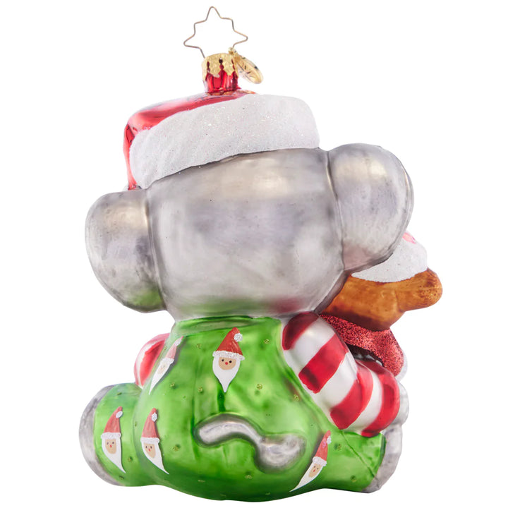 Back - Ornament Description - Ellie's First Christmas: Accompanied by his teddy bear friend, this cute little elephant is ready for bed!