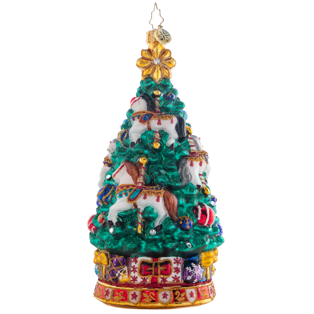 Front - Ornament Description - Carousel Christmas Tree: As the carousel tree spins round and round, the sparkling horses twinkle among toys abound. Adorn your tree with this whimsical piece, and remember the joy of a classic carousel ride.