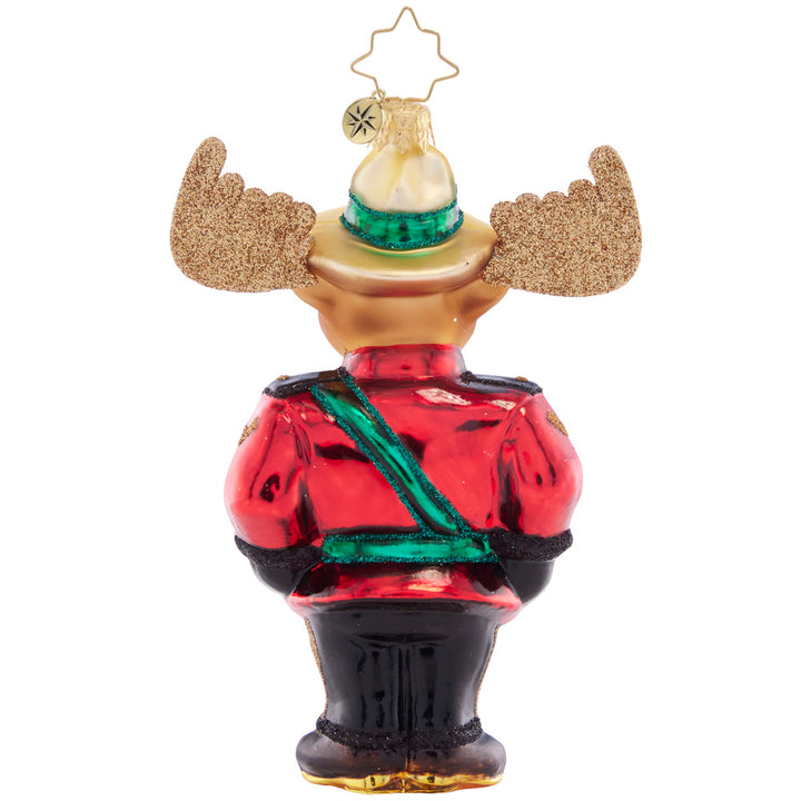 Back - Ornament Description - Mountie Bruce Moose: Mountie Moose on the loose! This regal, red-coated Moose is a symbol of Canadian pride.