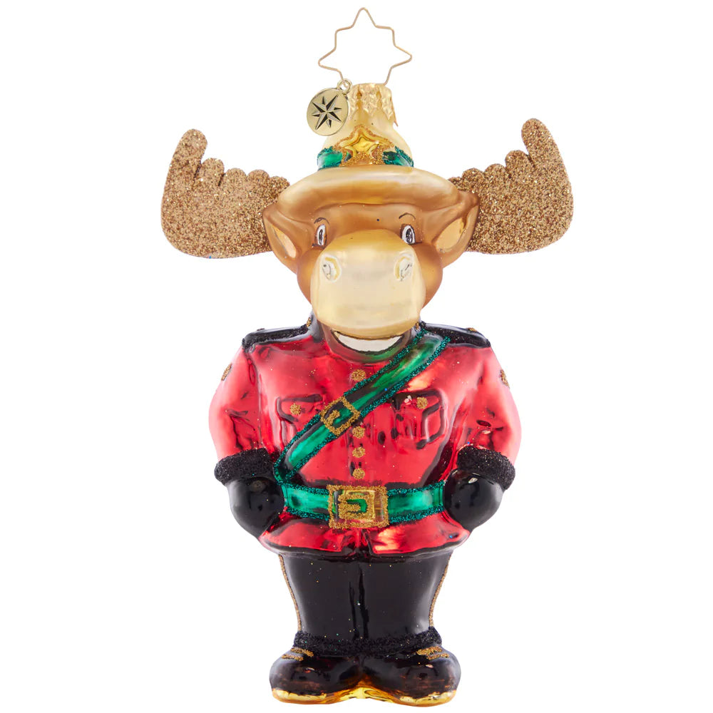 Front - Ornament Description - Mountie Bruce Moose: Mountie Moose on the loose! This regal, red-coated Moose is a symbol of Canadian pride.