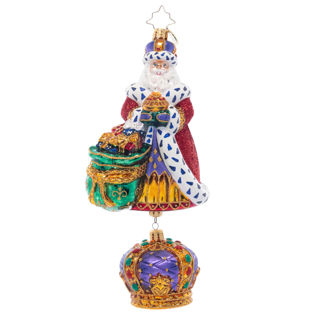 Front - Ornament Description - The King Of Christmas: With his luxurious, fur-lined robe, bag of golden gifts, and carefully-bejeweled crown, this royal Santa is sure to be the king of your Christmas tree. This special ornament has been hand-picked by the Radko team to be part of the Limited Edition collection.