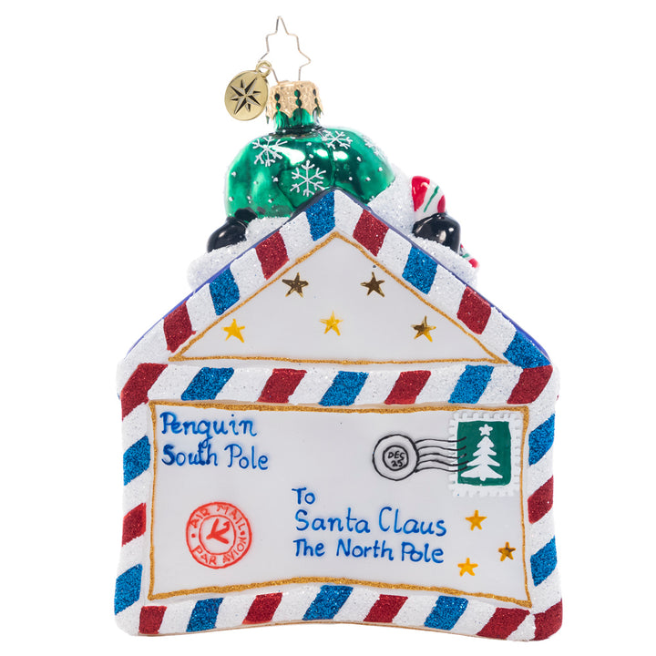 Back - Ornament Description - Penguin Delivery: You've got mail – and an adorable penguin pal! This flightless friend will make sure your Christmas list arrives safely to the North Pole in time for the holiday season.