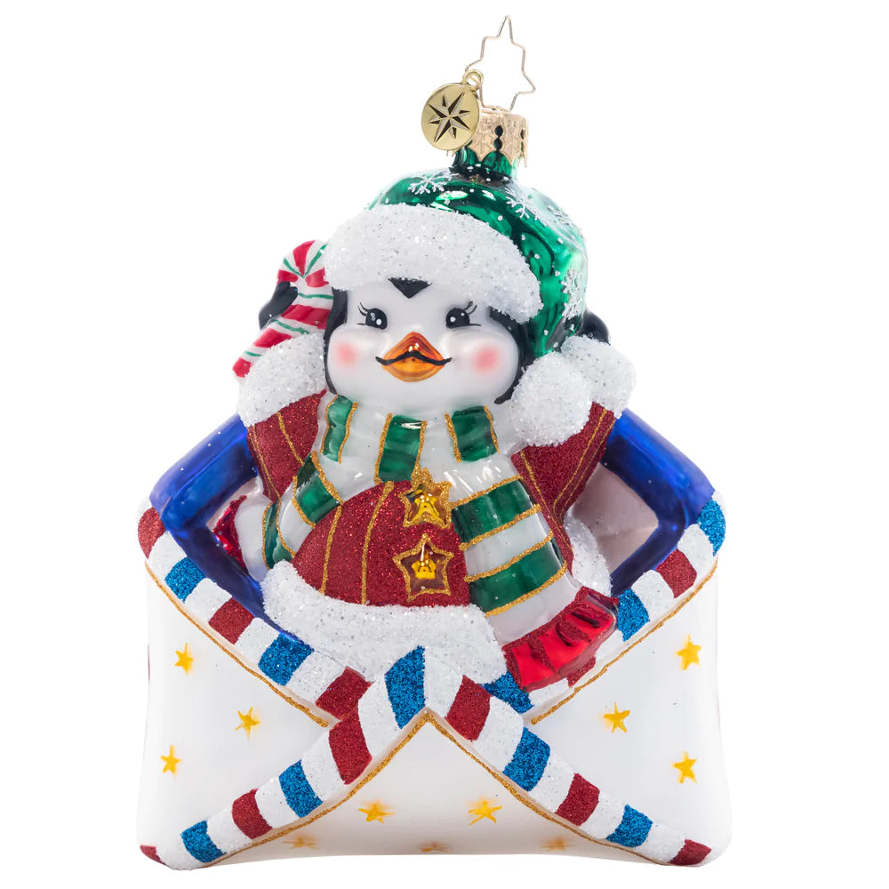Front - Ornament Description - Penguin Delivery: You've got mail – and an adorable penguin pal! This flightless friend will make sure your Christmas list arrives safely to the North Pole in time for the holiday season.