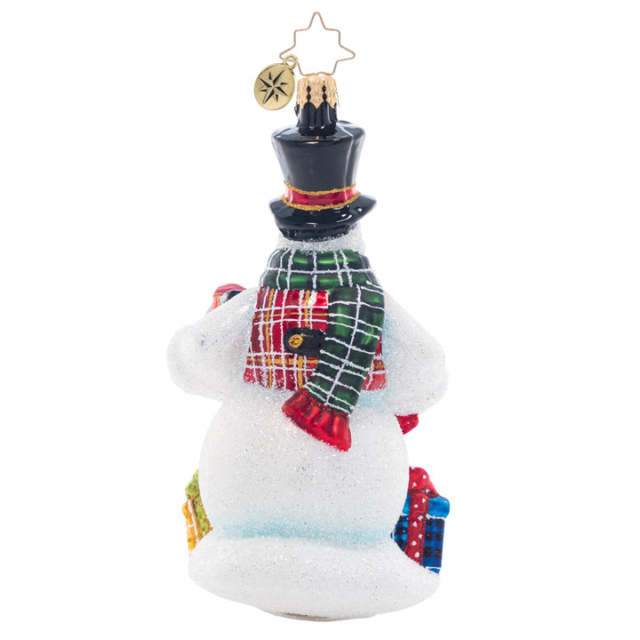 Back - Ornament Description - Plaid Perfection: It's that time of year to wear the holiday plaid, to show it's more than a fad. With presents to match, this snowman is quite the dashing catch!