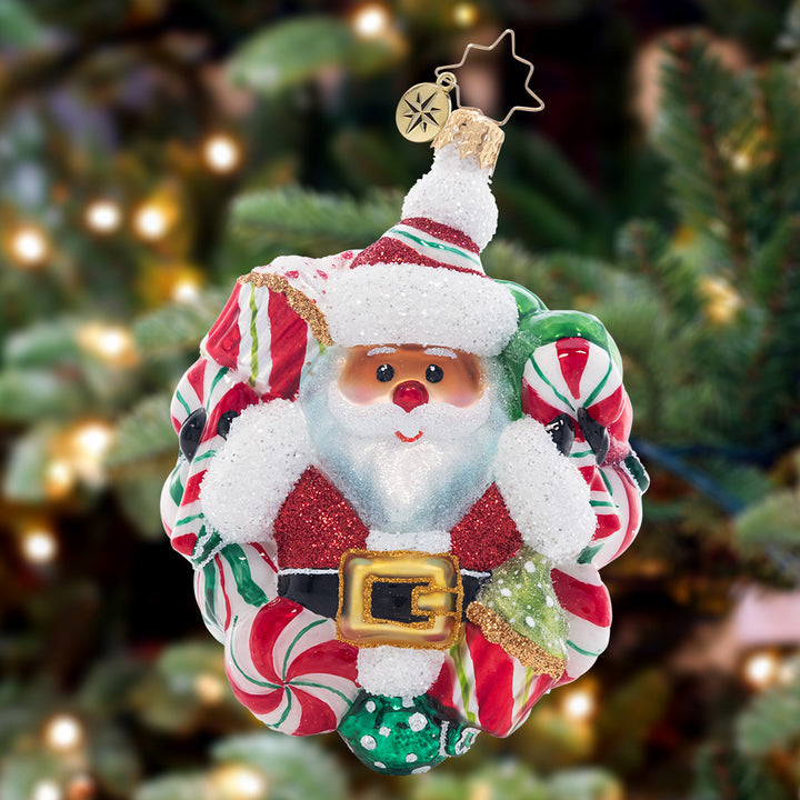 Ornament Description - Peppermint Dreams Santa: This darling Santa is surrounded by a wreath of delicious peppermints. Decorate your tree with this candy-coated red and green treat!