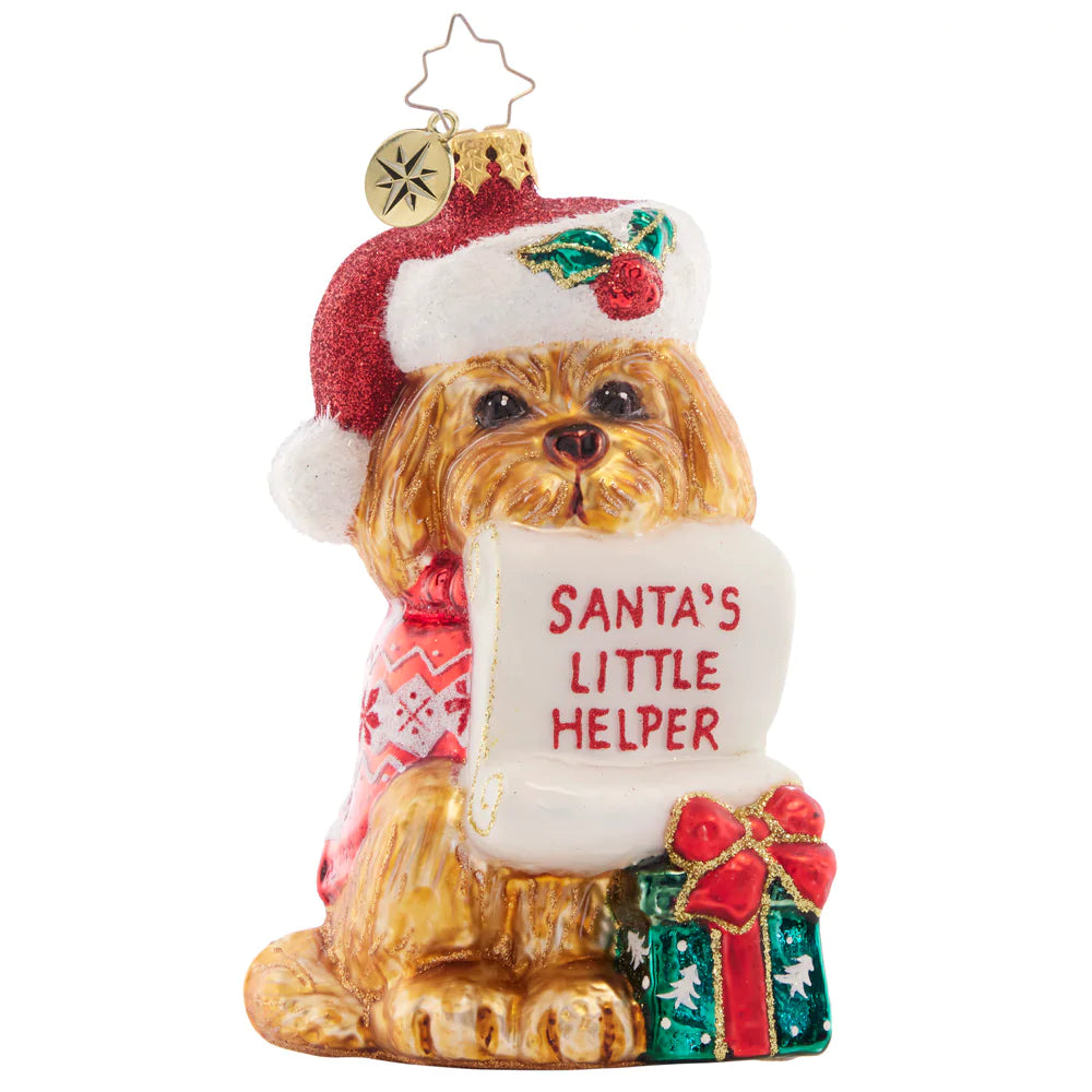 Front - Ornament Description - Festive Furry Friend: When it comes to wrapping presents for the good little girls and boys, this friendly Fido is ready to lend Santa a helping paw!