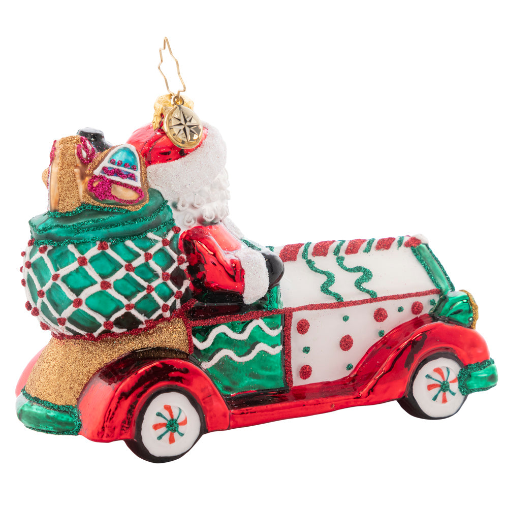 Back - Ornament Description - Sweet Ride: Hop in santa's sugar-powered cookie car, and take a sweet ride to Candy Cane Lane! This Christmas-mobile is a cloying and clever addition to any tree.