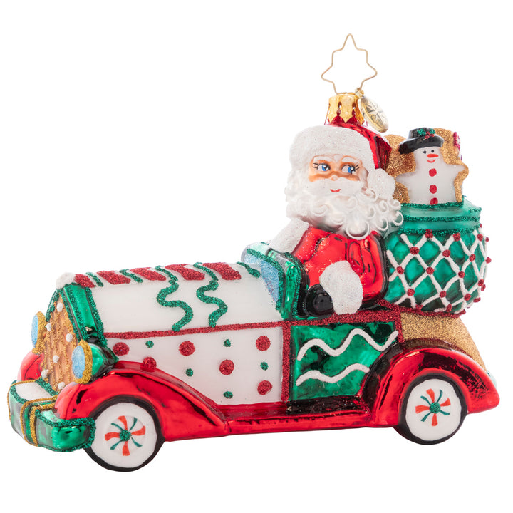Front - Ornament Description - Sweet Ride: Hop in santa's sugar-powered cookie car, and take a sweet ride to Candy Cane Lane! This Christmas-mobile is a cloying and clever addition to any tree.