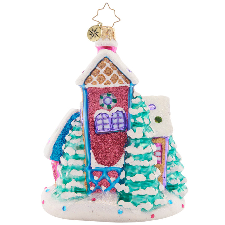 Back - Ornament Description - Snow Covered Sweetness: Generously decorated with icing "snow" and colorful sprinkles, this delightful gingerbread house shows off special things that make this season so sweet.