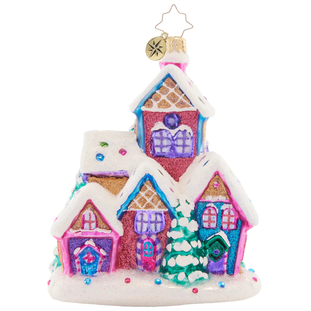 Front - Ornament Description - Snow Covered Sweetness: Generously decorated with icing "snow" and colorful sprinkles, this delightful gingerbread house shows off special things that make this season so sweet.