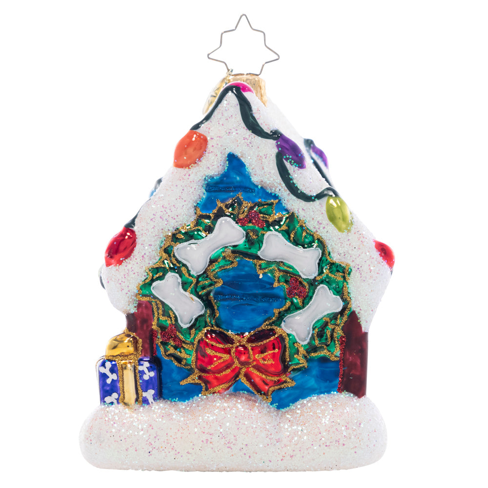 Back - Ornament Description - Happy Howl-idays: Decked out with Christmas lights and a bone-laden wreath, this dog house is as cozy as can be!